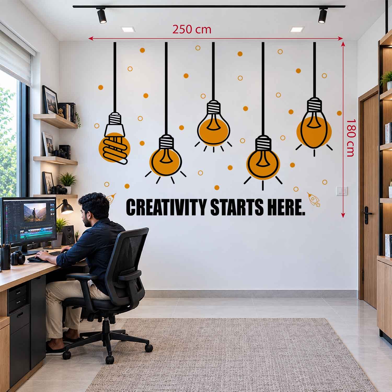 Creativity Starts Here creative office wall sticker with light bulb design
