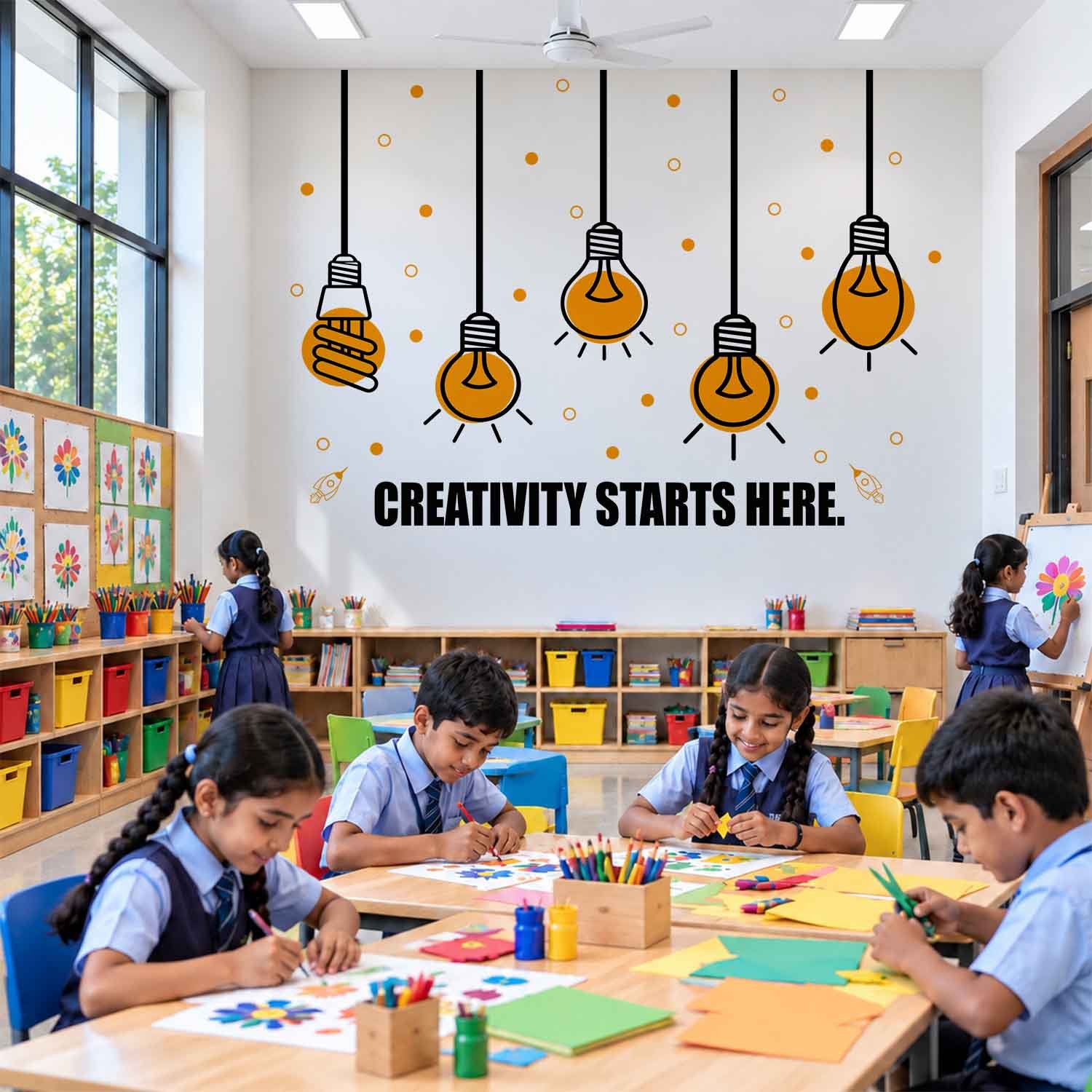 Creativity Starts Here creative office wall sticker with light bulb design