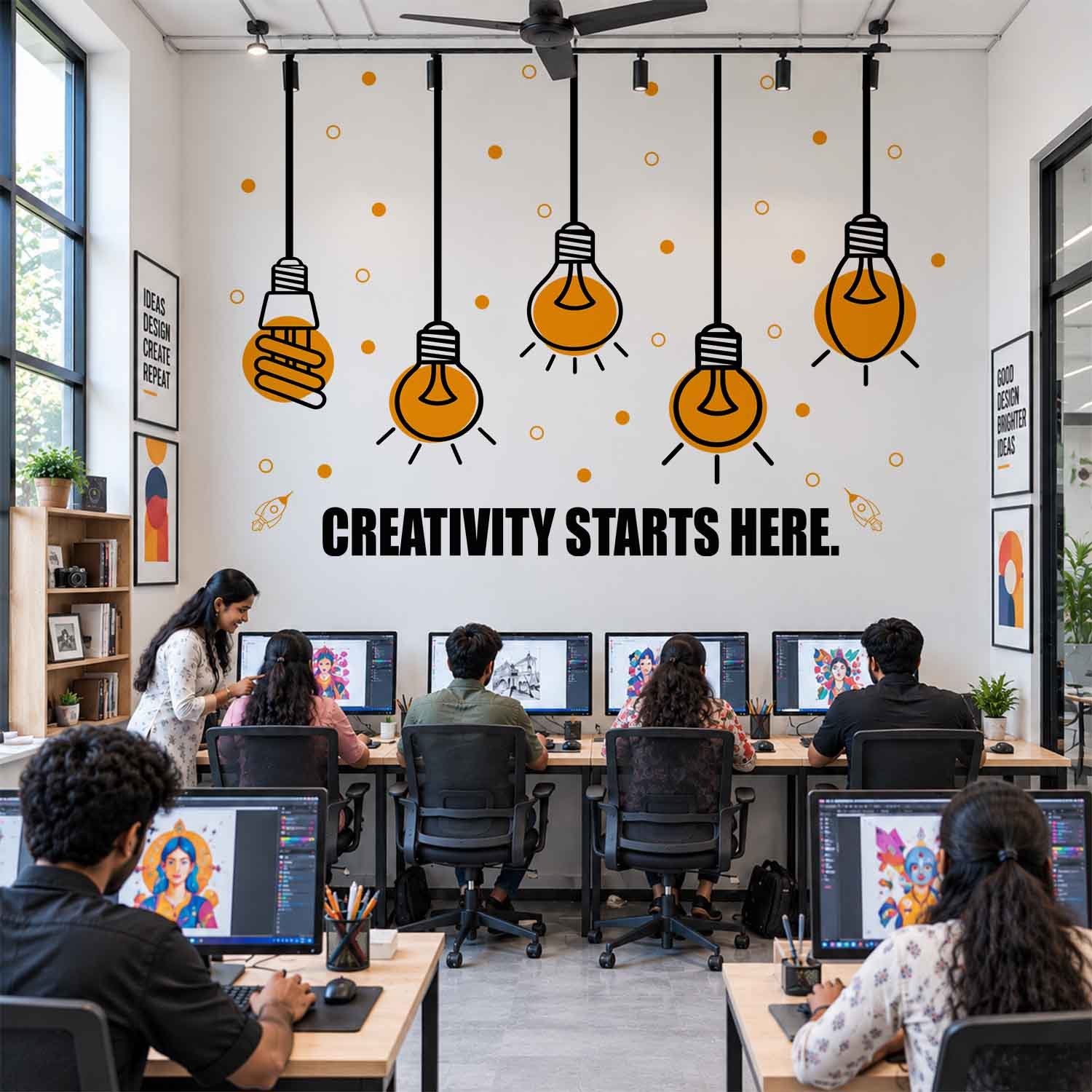 Creativity Starts Here creative office wall sticker with light bulb design