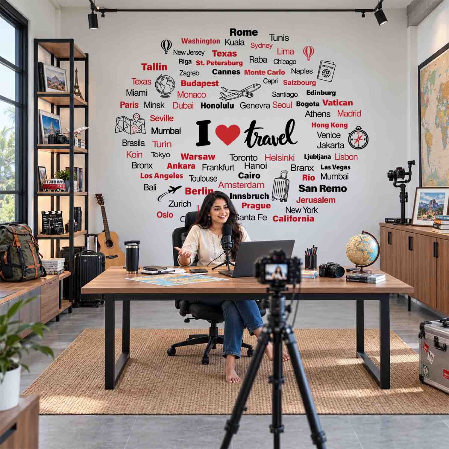 I Love Travel wall sticker with world city names and travel illustrations on a café wall