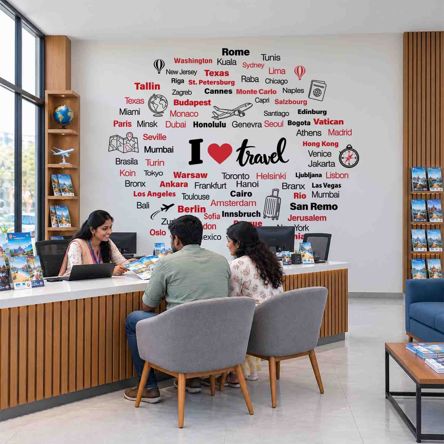 I Love Travel wall sticker with world city names and travel illustrations on a café wall