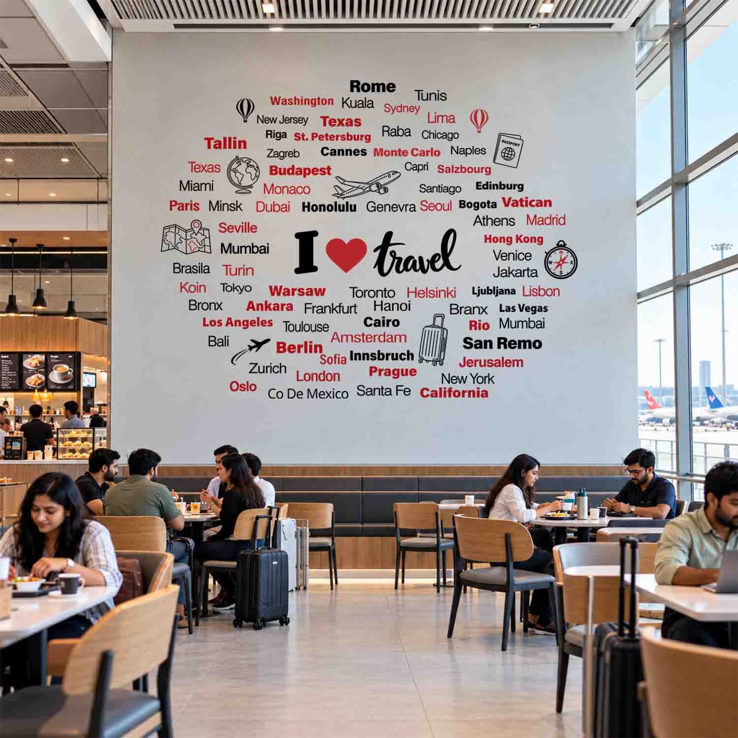 I Love Travel wall sticker with world city names and travel illustrations on a café wall