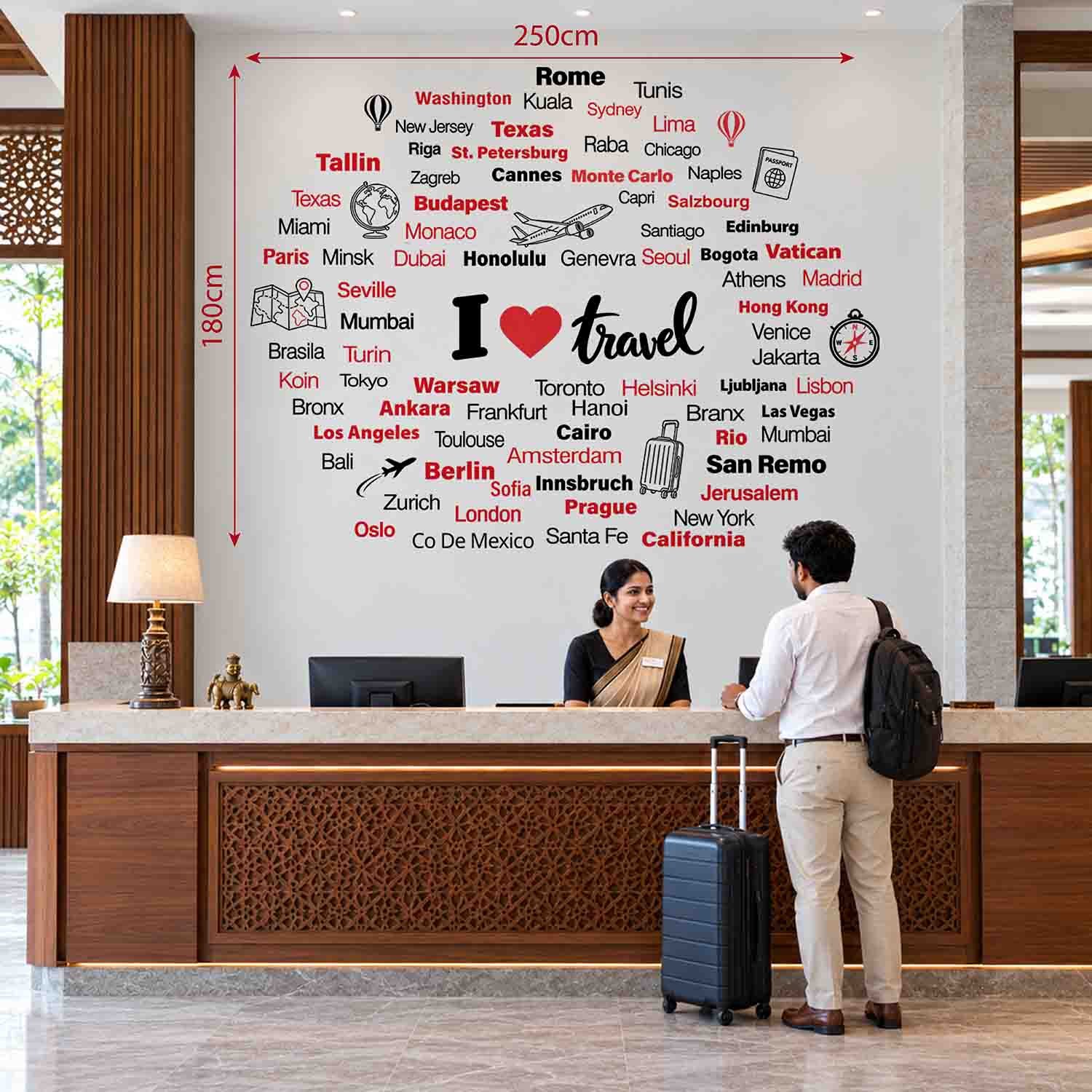 I Love Travel wall sticker with world city names and travel illustrations on a café wall