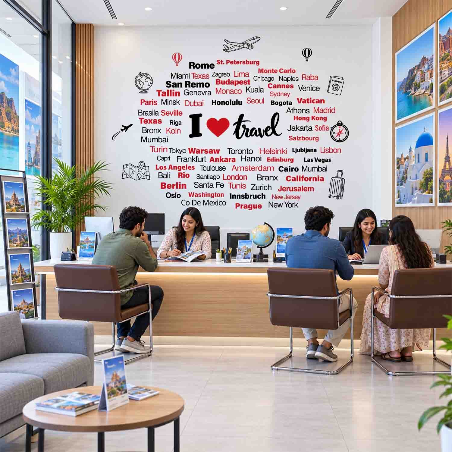 I Love Travel wall sticker with world city names and travel illustrations on a café wall