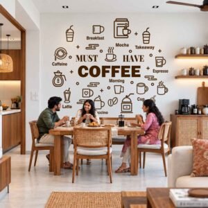 Coffee wall sticker featuring Must Have Coffee typography, espresso cups, latte illustrations, and coffee-themed icons on a kitchen wall.