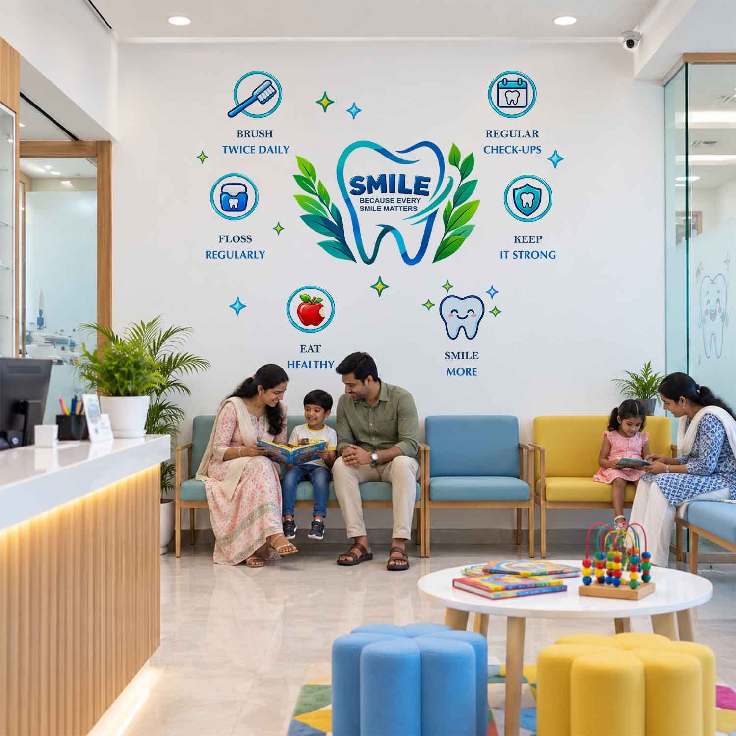 Dental clinic wall sticker featuring tooth illustrations, brushing and flossing reminders, regular check-up symbols, and oral hygiene messages.
