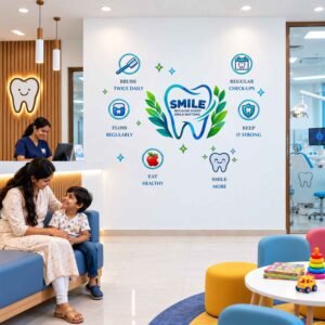 Dental clinic wall sticker featuring tooth illustrations, brushing and flossing reminders, regular check-up symbols, and oral hygiene messages.