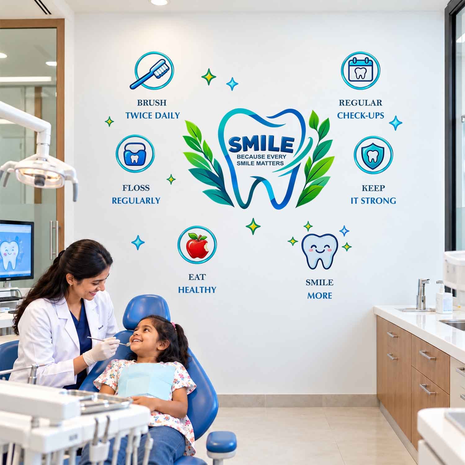 Dental clinic wall sticker featuring tooth illustrations, brushing and flossing reminders, regular check-up symbols, and oral hygiene messages.