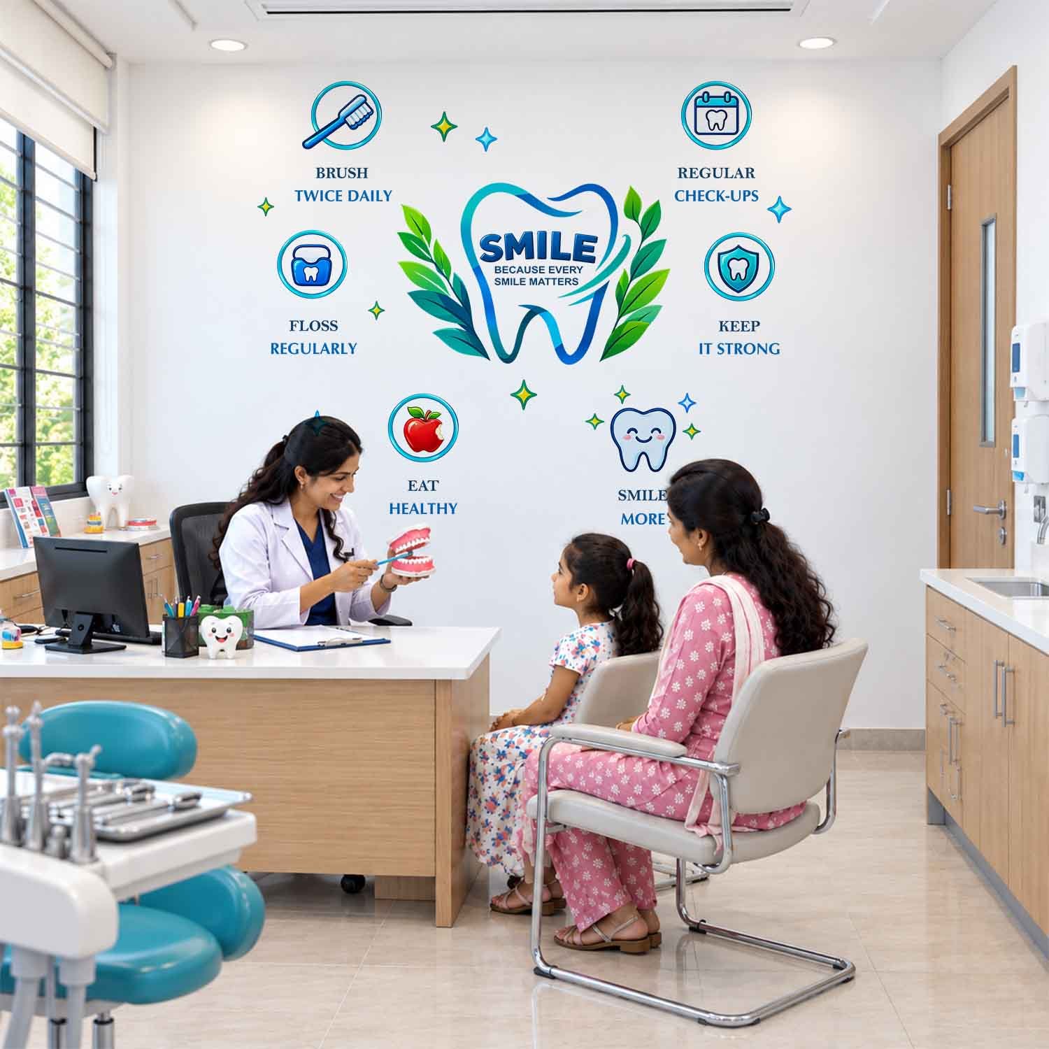 Dental clinic wall sticker featuring tooth illustrations, brushing and flossing reminders, regular check-up symbols, and oral hygiene messages.