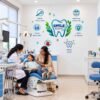 Dental clinic wall sticker featuring tooth illustrations, brushing and flossing reminders, regular check-up symbols, and oral hygiene messages.