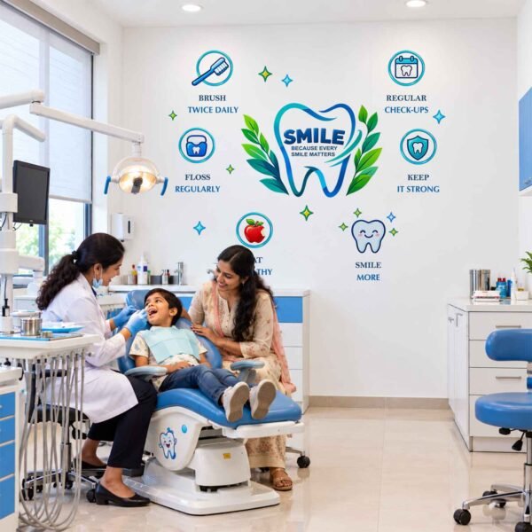 Dental clinic wall sticker featuring tooth illustrations, brushing and flossing reminders, regular check-up symbols, and oral hygiene messages.