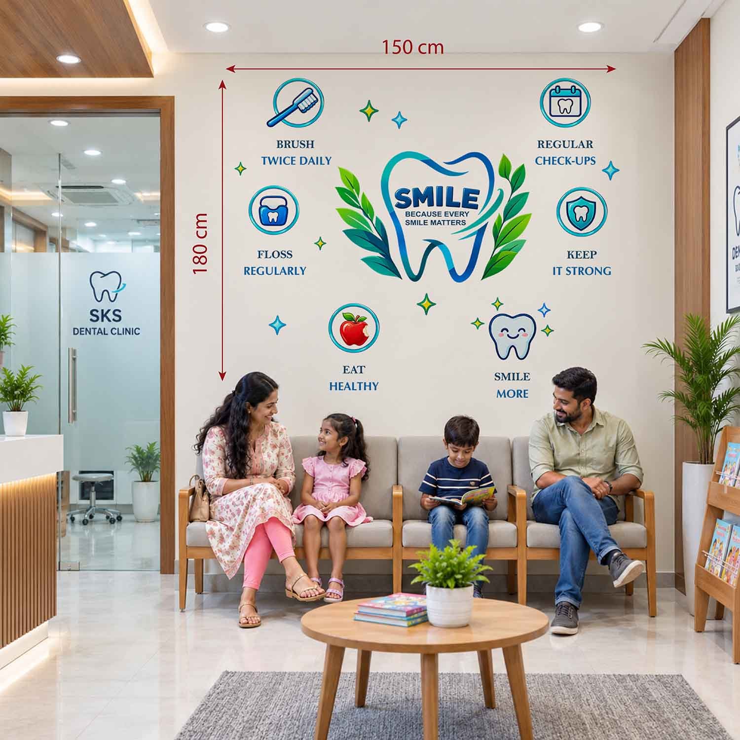 Dental clinic wall sticker featuring tooth illustrations, brushing and flossing reminders, regular check-up symbols, and oral hygiene messages.