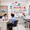 Emergency healthcare wall sticker featuring hospital, ambulance, doctor, patient, first aid, and medical safety words in a hospital corridor.