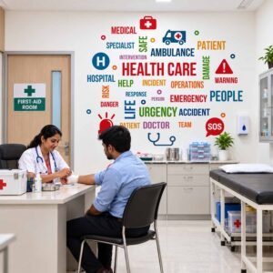 Emergency healthcare wall sticker featuring hospital, ambulance, doctor, patient, first aid, and medical safety words in a hospital corridor.