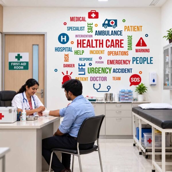 Emergency healthcare wall sticker featuring hospital, ambulance, doctor, patient, first aid, and medical safety words in a hospital corridor.