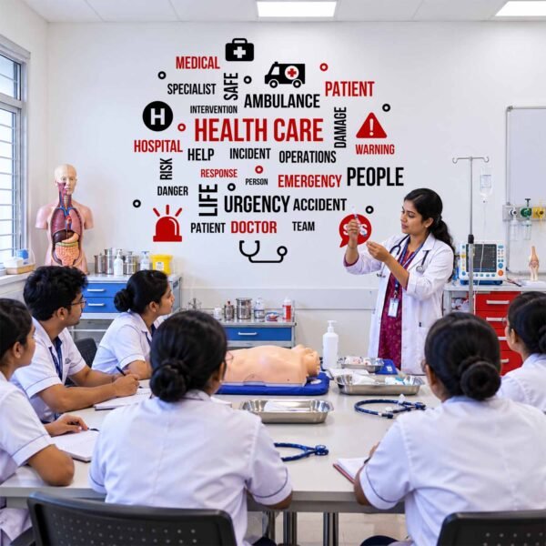 Hospital emergency wall sticker featuring healthcare, ambulance, doctor, patient, warning, and medical response words in a hospital reception area.