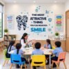 Dental clinic wall sticker with the quote The Most Attractive Thing You Can Wear Is a Smile, featuring blue tooth characters and dental care illustrations.