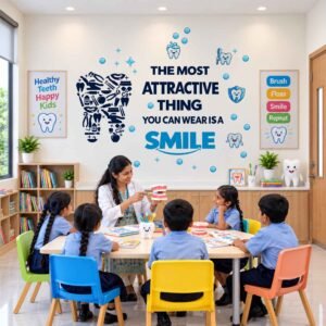 Dental clinic wall sticker with the quote The Most Attractive Thing You Can Wear Is a Smile, featuring blue tooth characters and dental care illustrations.