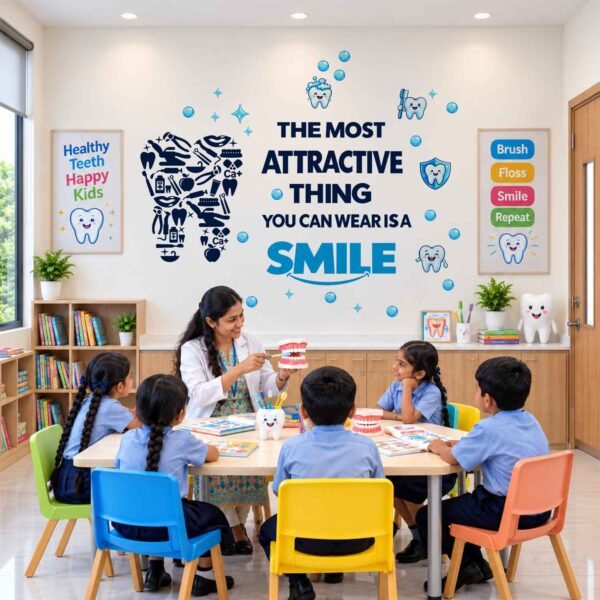 Dental clinic wall sticker with the quote The Most Attractive Thing You Can Wear Is a Smile, featuring blue tooth characters and dental care illustrations.