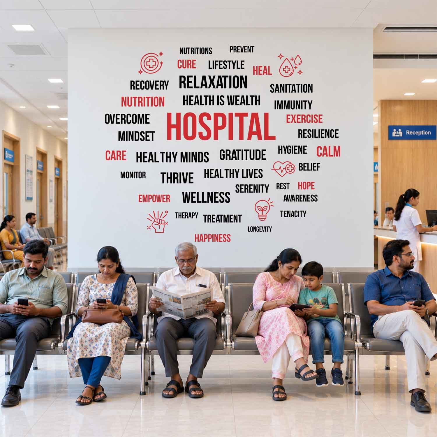 Hospital wall sticker featuring health, wellness, recovery, hygiene, and healing words in red and black typography in a hospital waiting area.