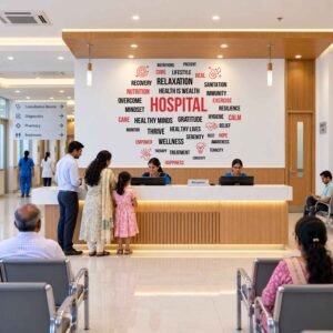 Hospital wall sticker featuring health, wellness, recovery, hygiene, and healing words in red and black typography in a hospital waiting area.