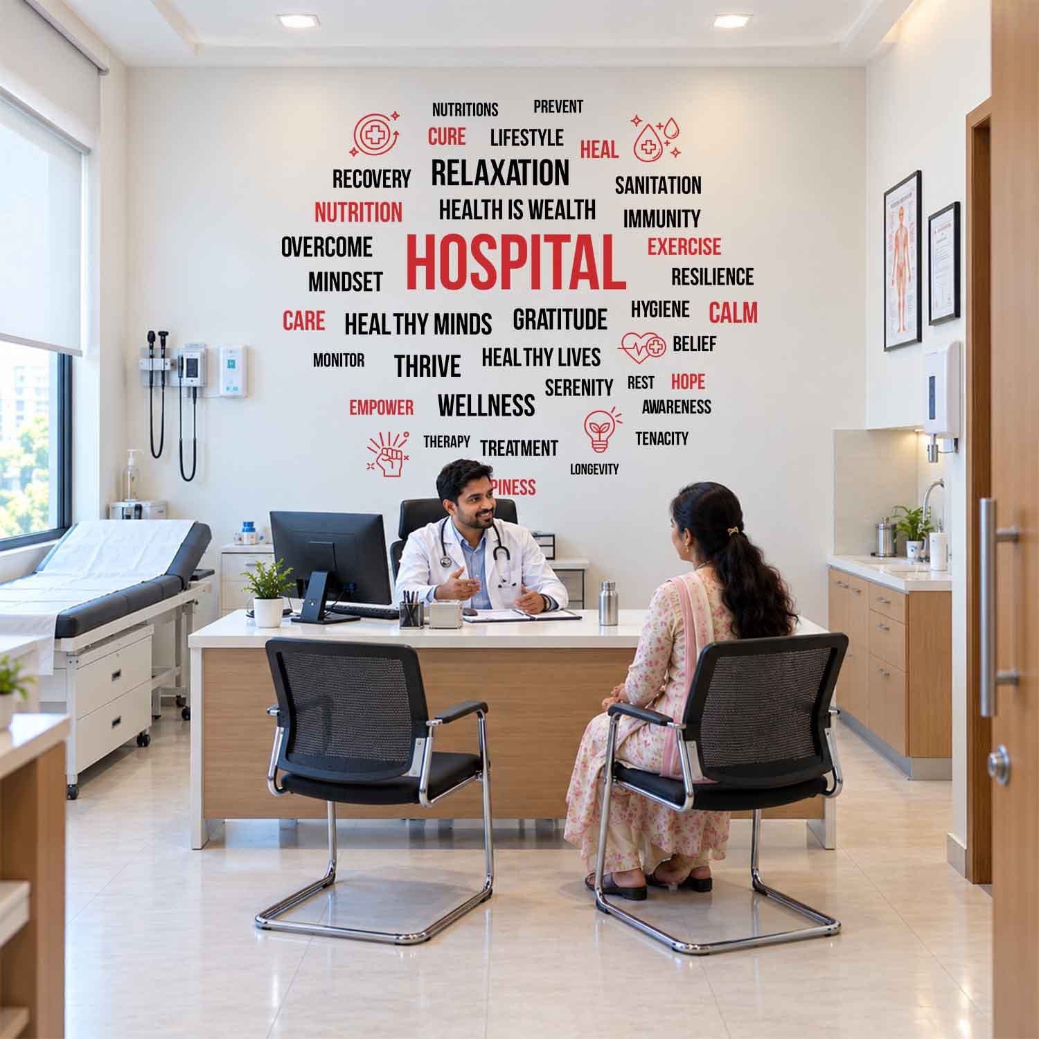 Hospital wall sticker featuring health, wellness, recovery, hygiene, and healing words in red and black typography in a hospital waiting area.