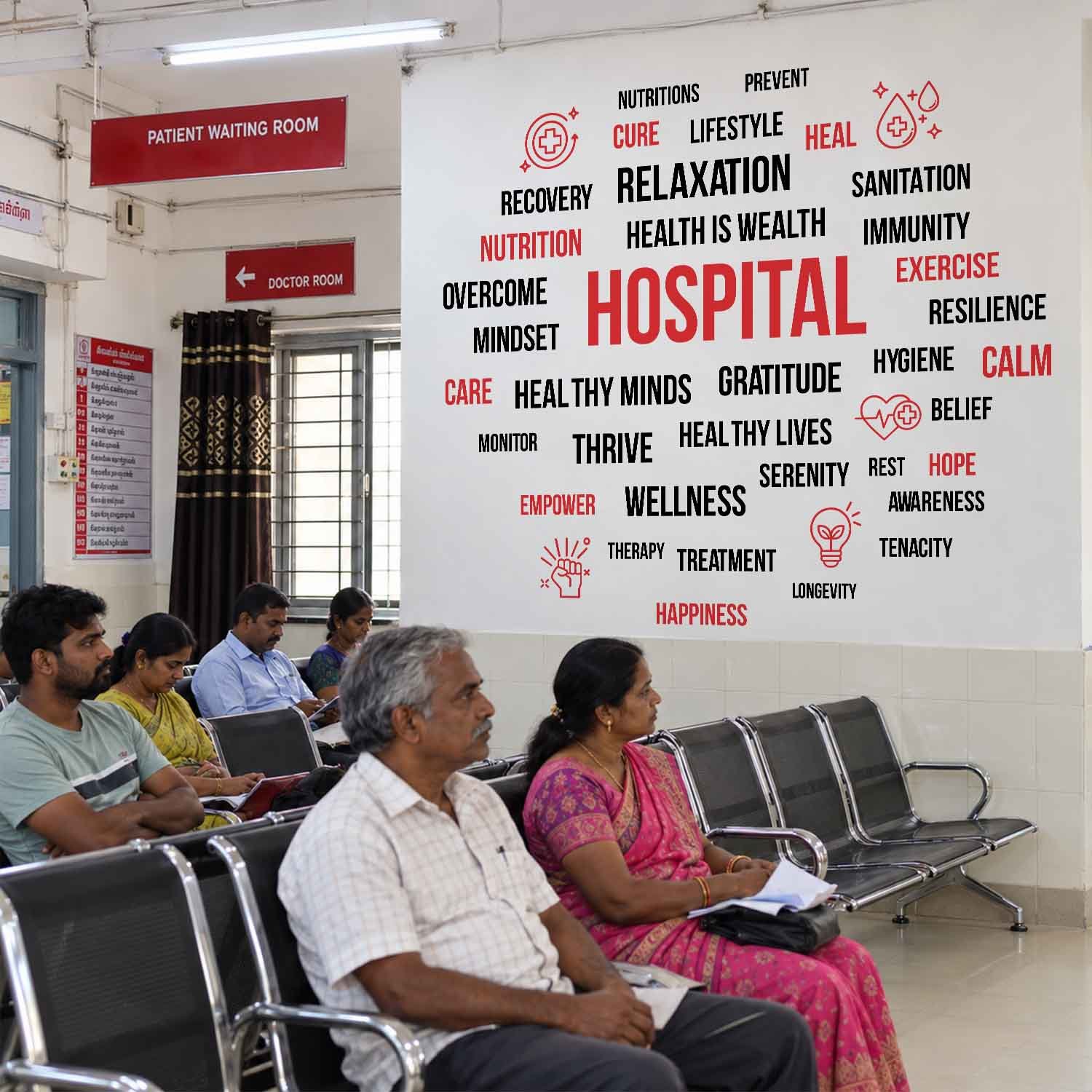Hospital wall sticker featuring health, wellness, recovery, hygiene, and healing words in red and black typography in a hospital waiting area.