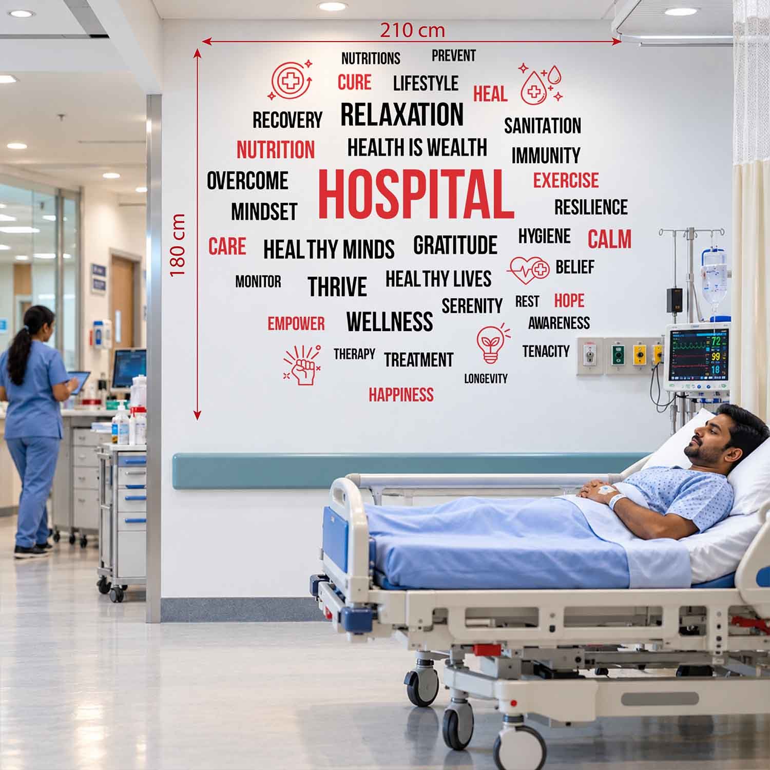 Hospital wall sticker featuring health, wellness, recovery, hygiene, and healing words in red and black typography in a hospital waiting area.
