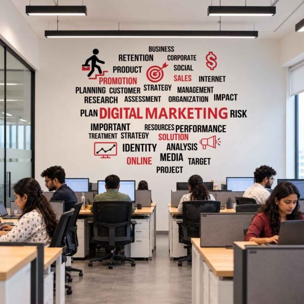Digital marketing wall sticker featuring strategy, social media, sales, promotion, research, and performance words in a modern office.