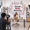 Social media marketing word cloud wall sticker featuring marketing, branding, advertising, audience, online and content-related typography in a modern office.