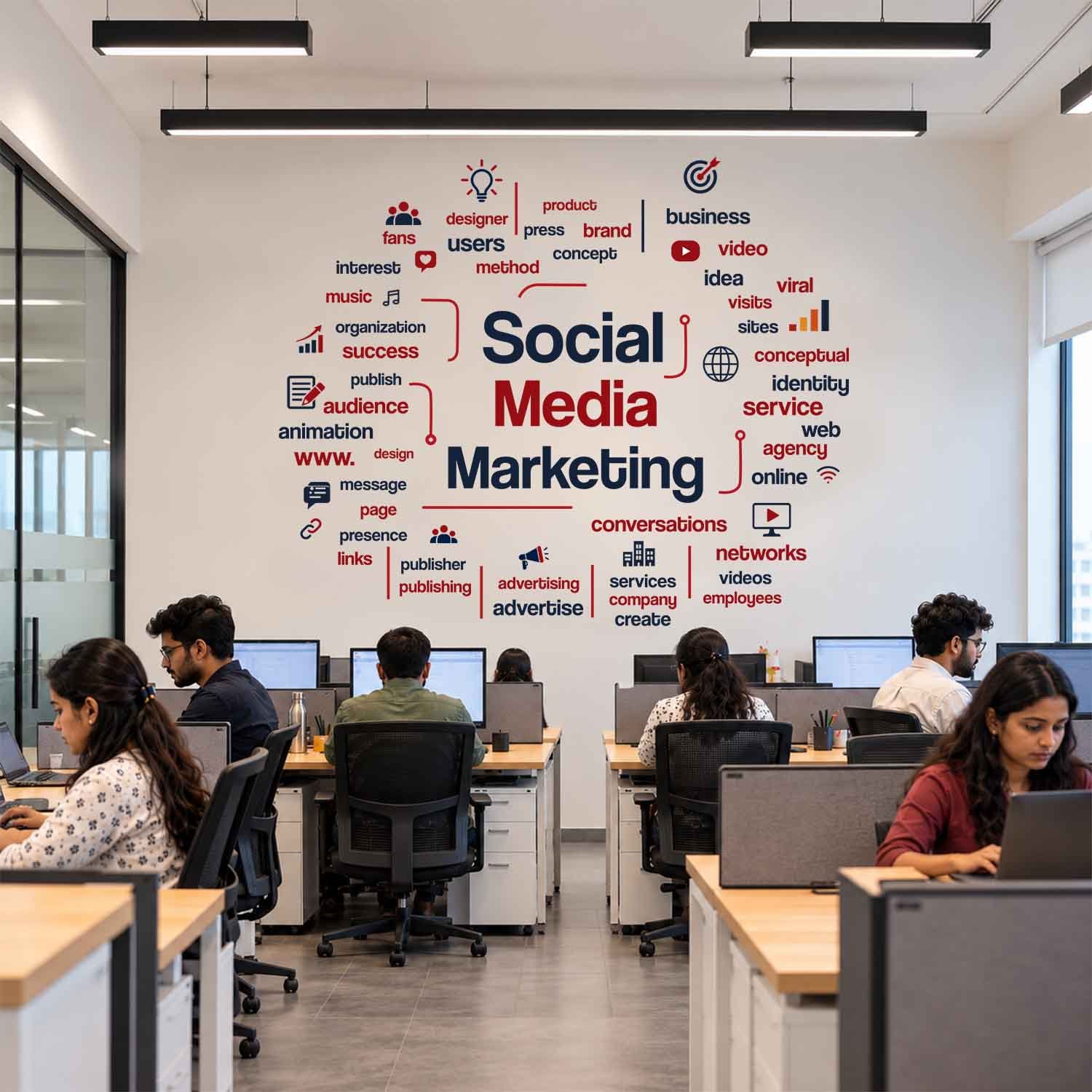 Social media marketing word cloud wall sticker featuring marketing, branding, advertising, audience, online and content-related typography in a modern office.