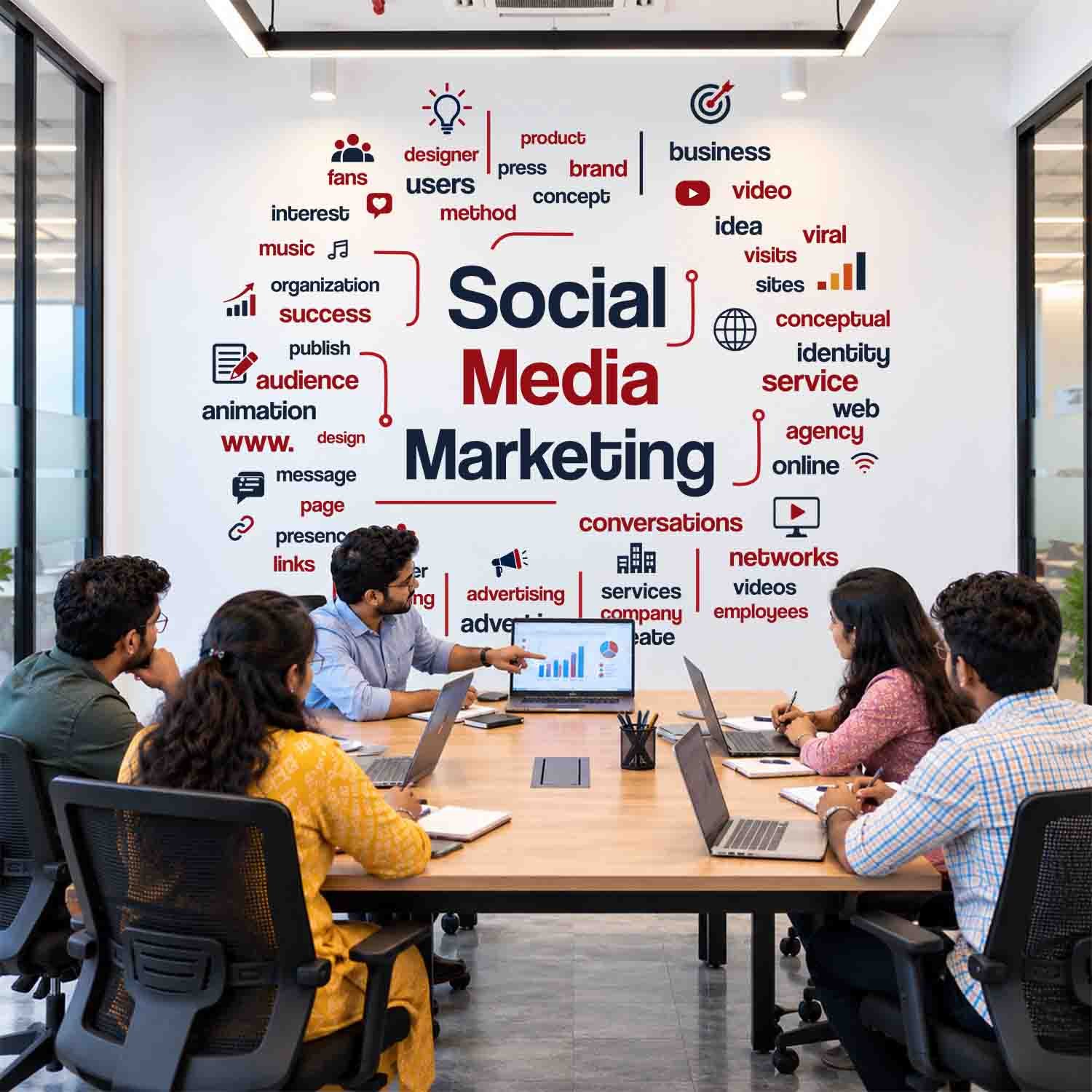 Social media marketing word cloud wall sticker featuring marketing, branding, advertising, audience, online and content-related typography in a modern office.