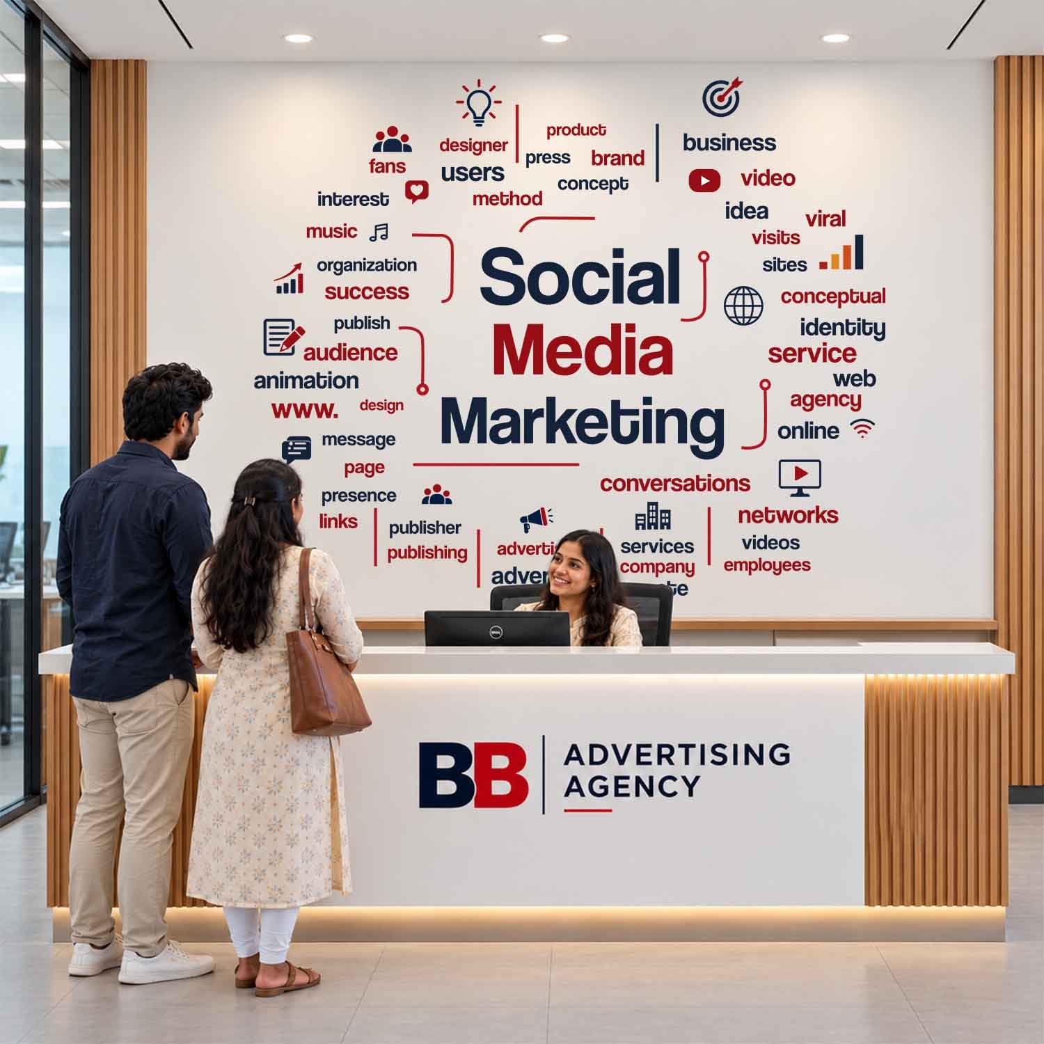 Social media marketing word cloud wall sticker featuring marketing, branding, advertising, audience, online and content-related typography in a modern office.