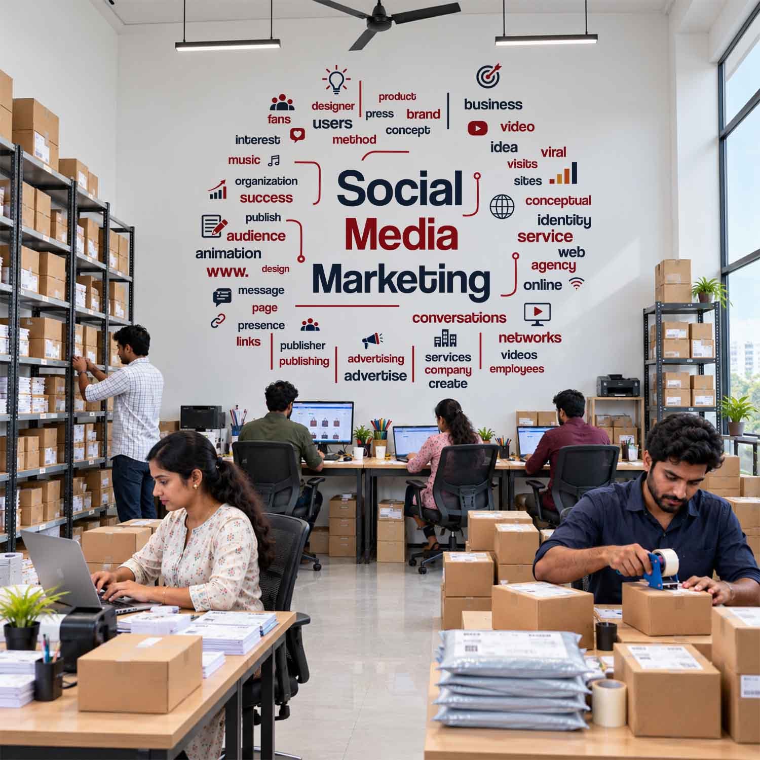 Social media marketing word cloud wall sticker featuring marketing, branding, advertising, audience, online and content-related typography in a modern office.