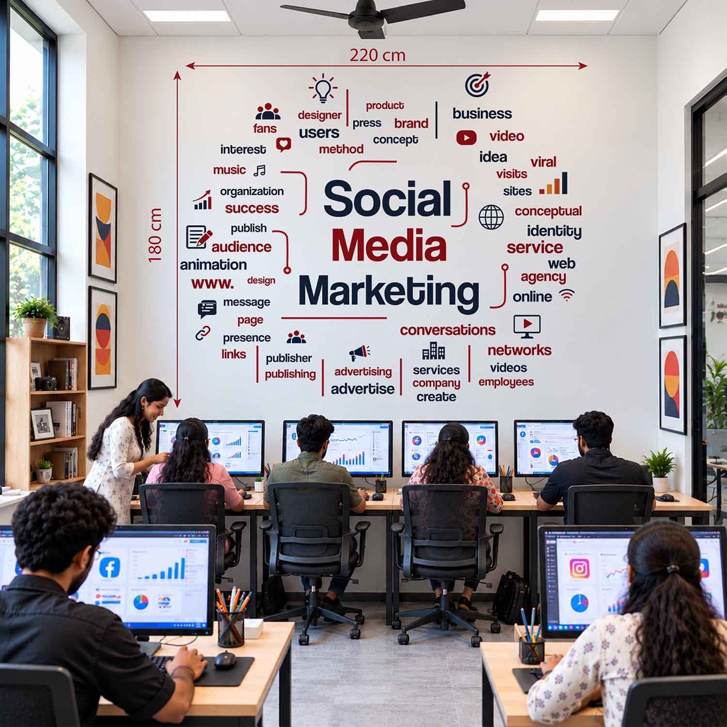 Social media marketing word cloud wall sticker featuring marketing, branding, advertising, audience, online and content-related typography in a modern office.