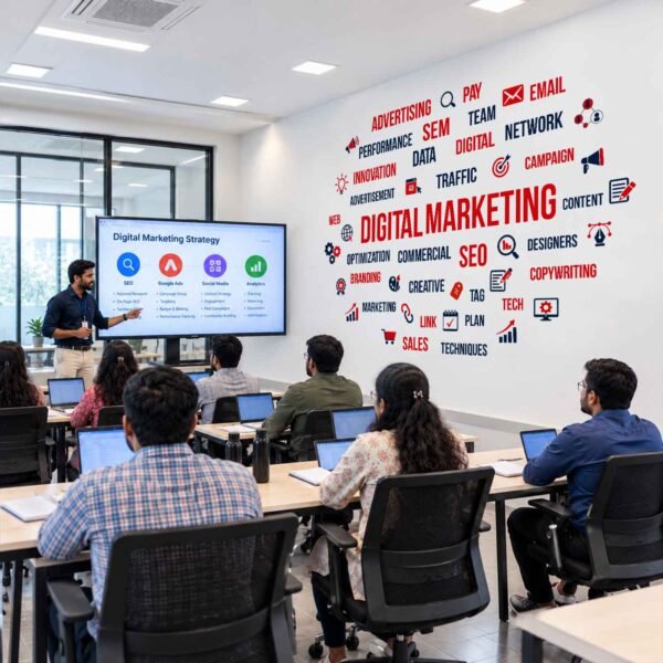Digital marketing word cloud wall sticker featuring SEO, SEM, advertising, branding, content, campaign, and copywriting typography in a creative studio.