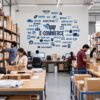 E-commerce word cloud wall sticker featuring online shopping, marketplace, shipping, delivery, inventory, and digital payment typography in a warehouse office.