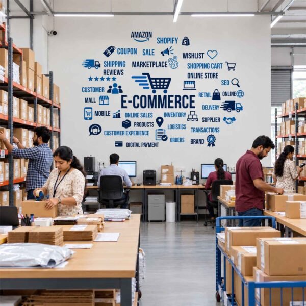 E-commerce word cloud wall sticker featuring online shopping, marketplace, shipping, delivery, inventory, and digital payment typography in a warehouse office.