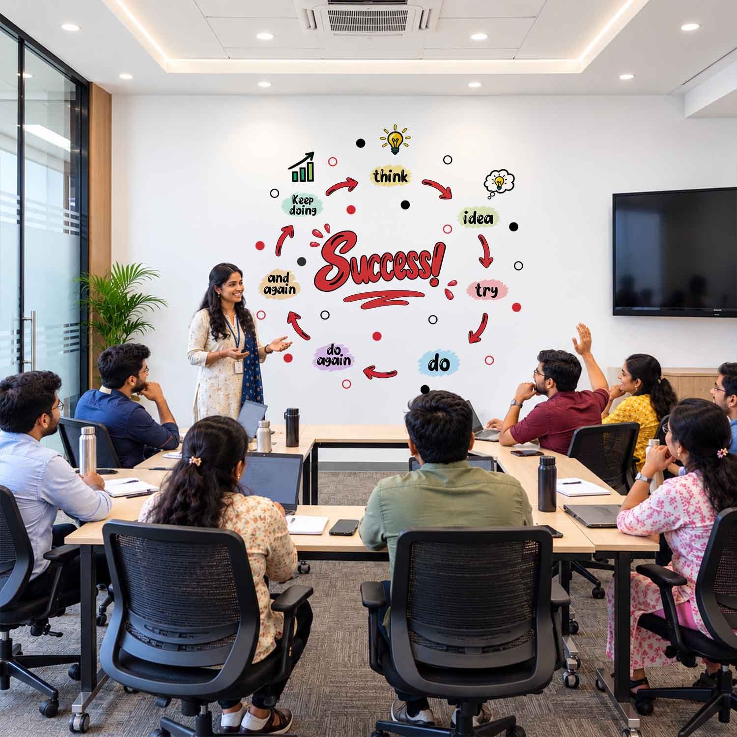 Motivational success quote wall sticker featuring Success, Think, Idea, Try and Do typography with colourful arrows and light bulb illustrations.