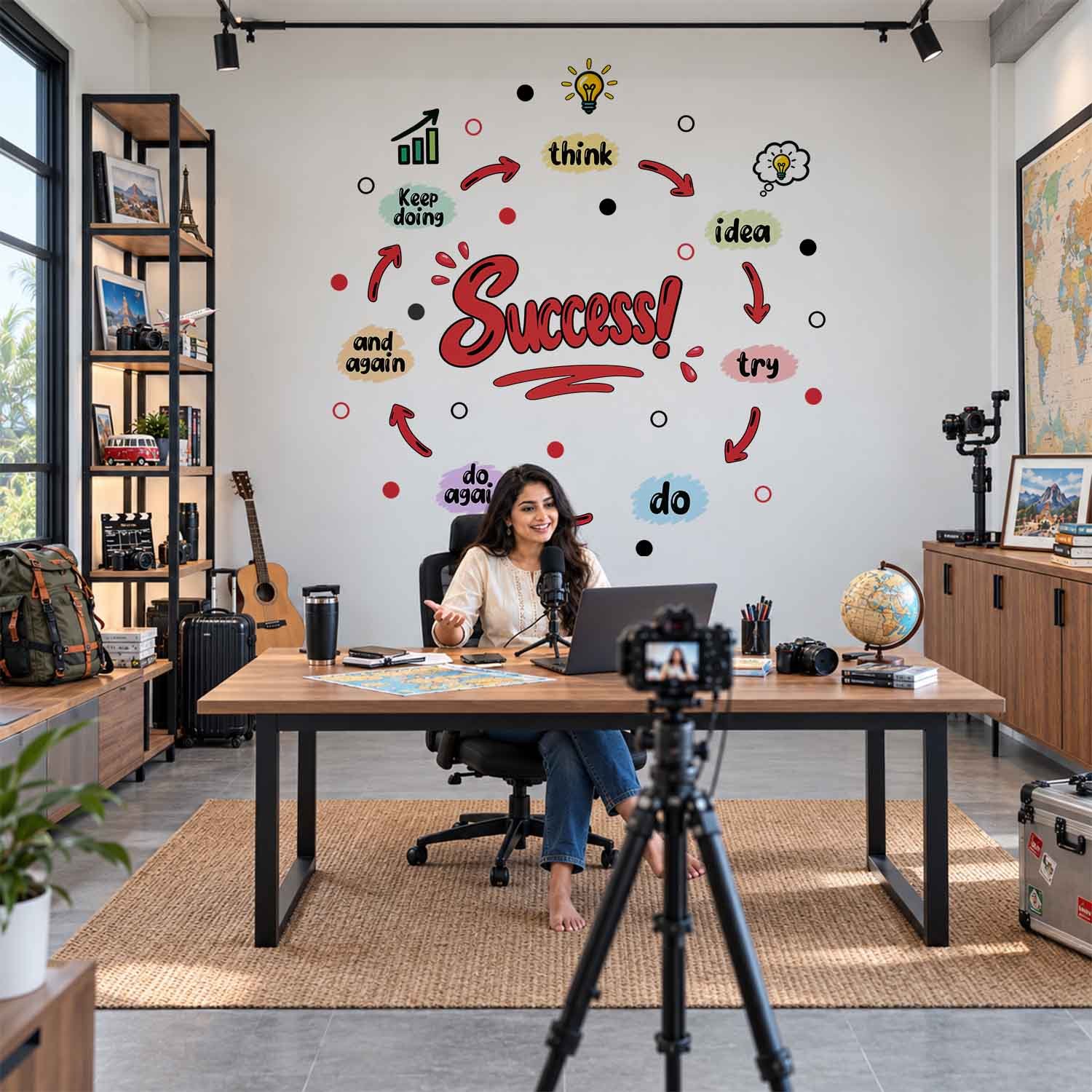 Motivational success quote wall sticker featuring Success, Think, Idea, Try and Do typography with colourful arrows and light bulb illustrations.