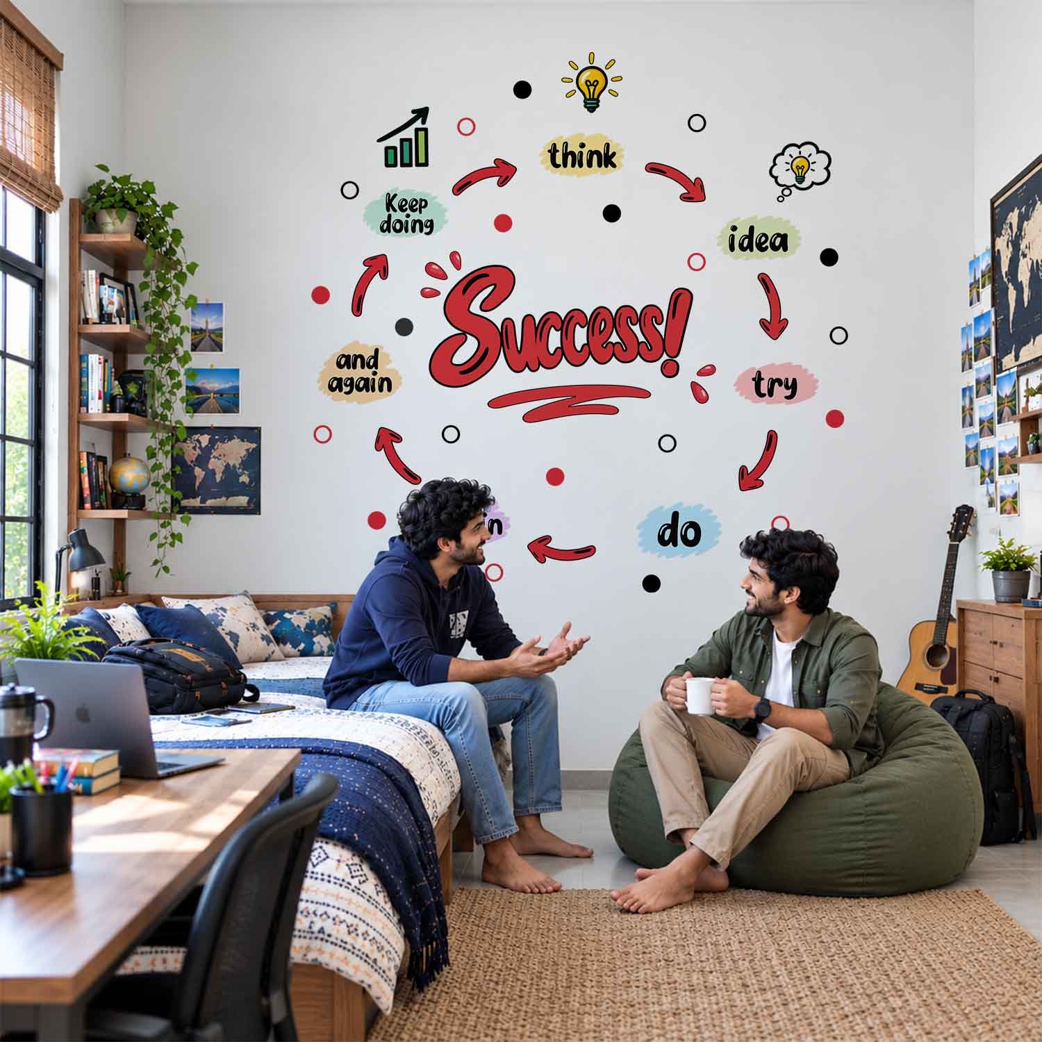 Motivational success quote wall sticker featuring Success, Think, Idea, Try and Do typography with colourful arrows and light bulb illustrations.