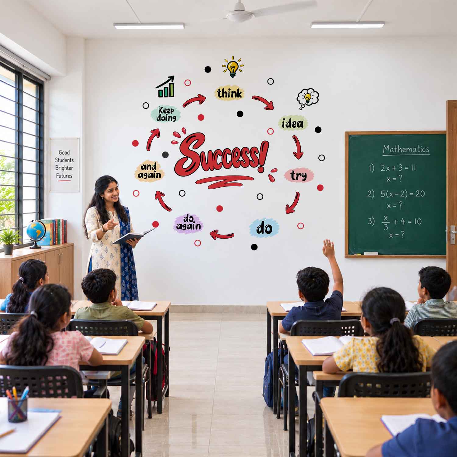 Motivational success quote wall sticker featuring Success, Think, Idea, Try and Do typography with colourful arrows and light bulb illustrations.