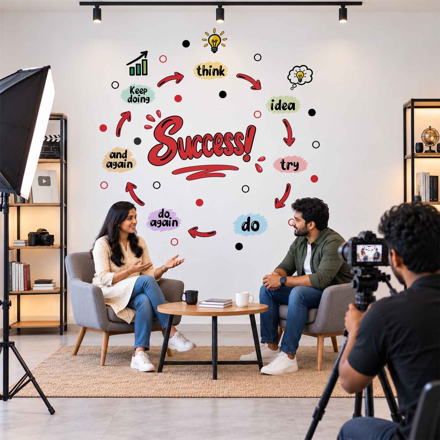 Motivational success quote wall sticker featuring Success, Think, Idea, Try and Do typography with colourful arrows and light bulb illustrations.